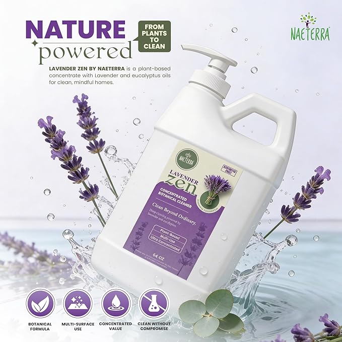 Naeterra Lavender Zen All-Purpose Cleaning Concentrate Kit – 64 oz Jug Makes 24 Gallons | Includes 16 oz Amber Glass Spray Bottle | Plant-Based Essential Oil Scented EWG Green-Rated Ingredients