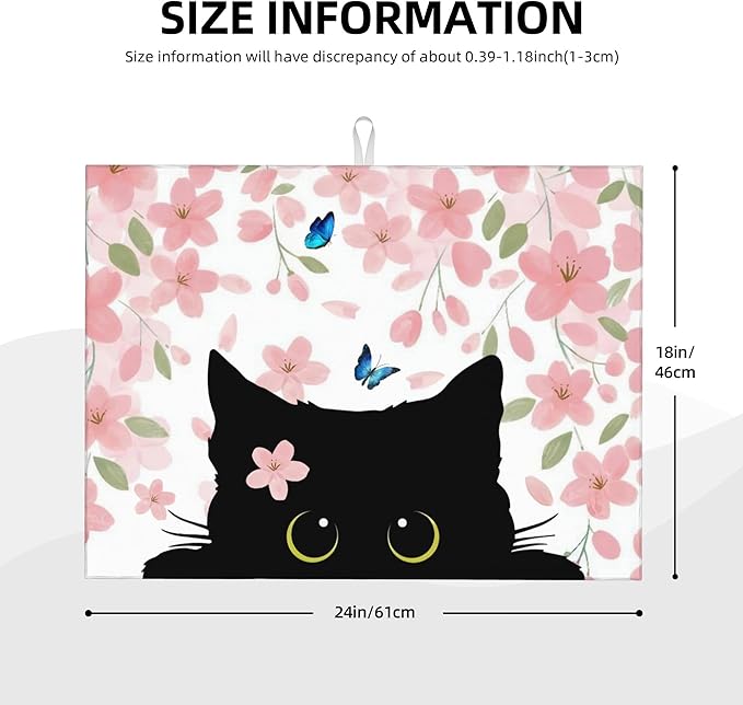 Flowers Black Cat Butterfly Dish Drying Mat for Kitchen Counter 18x24 Microfiber Absorbent Fast Dry Mat 2Pcs Dish Mat Faucet Mats Sets Large Drying Kitchen Mat Kitchen Drying Pad Coffee Bar Decor