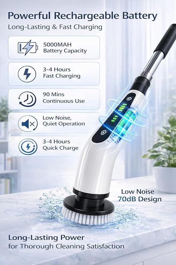 Electric Spin Scrubber Cordless Cleaning Brush - 8 Replaceable Brush Heads-90Mins Work Time 3 Adjustable Size 2 Speeds for Bathroom Shower Bathtub Glass Car with 18W Fast Charger Included (White)
