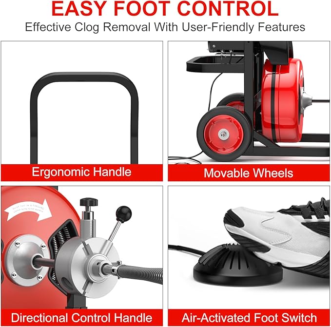 75Ft Drain Cleaning Machine 450w Portable Drain Auger with Wheels 1/2 Auto-Feed Drain Snake with 4 Cutters Electric Sewer Auger for Sink Toilet Floor Drain