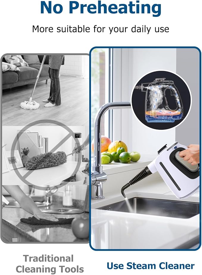 Handheld Steam Cleaner 9.8FT Power CordSteamer for Cleaning with 11 Accessories 15 Seconds Fast Heating High Temperature Cleaning 530Ml Capacity Steam Cleaner for Washroom Kitchen and Car