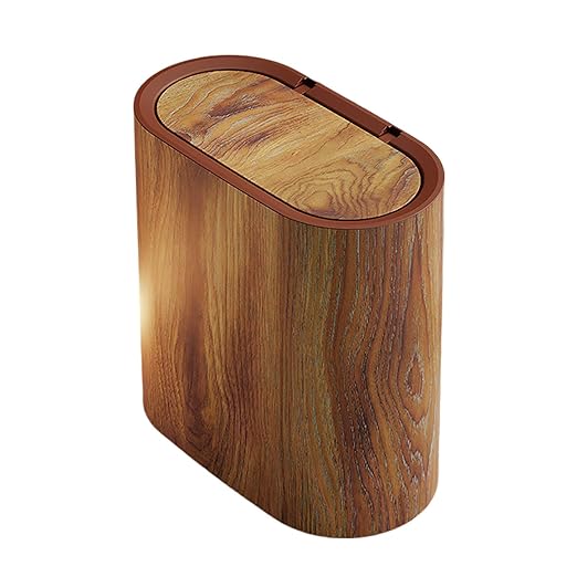 Bathroom Trashcans with Lids Plastic Marble Wood Pattern Trash Can Small Garbage Bin with Lid for Bathroom Narrow Wastebasket Modern Waste Basket for Home Indoor Hotel (Brown)