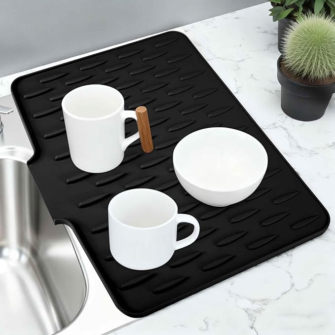 Dish Drainer Mat Silicone Drying Mat for Kitchen Counter Fast Drying Matt for Dishes Heat Resistant Non-Slip 15.75x12.6 Inch Black