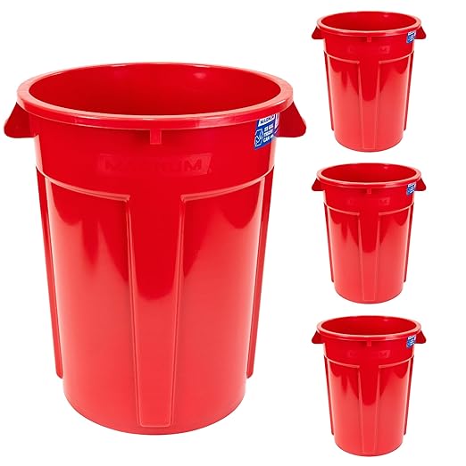 Magnum 55 Gallon Trash Can High-Vis Red Construction Grade Heavy Duty Plastic Jobsite Ready for Handling and Holding Garbage CMTC-C000-55R04 (4 Pack)