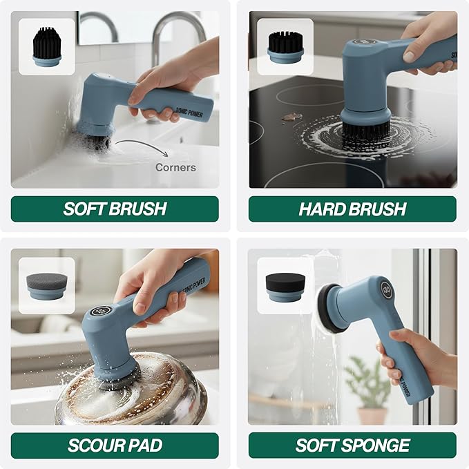 Electric Spin Scrubber – Handheld &amp Ergonomic IPX7 Waterproof 4 Multi-Purpose Brush Heads Long-Lasting Rechargeable Battery – Cleans Dishes Bathroom Tile Grout &amp Kitchen (Steel Blue)