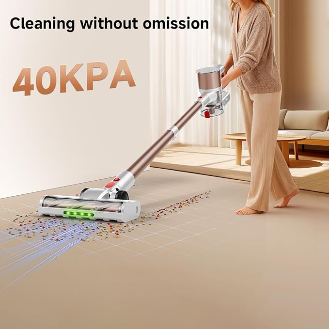 Cordless Vacuum Cleaner Powerful Suction Vacuum Cleaners for Home Stick Vacuum Cordless with LED Display Anti-Tangle &amp Wall Mount 8 in 1 Lightweight Vacuum for Hard Floors Pet Hair(Gold)