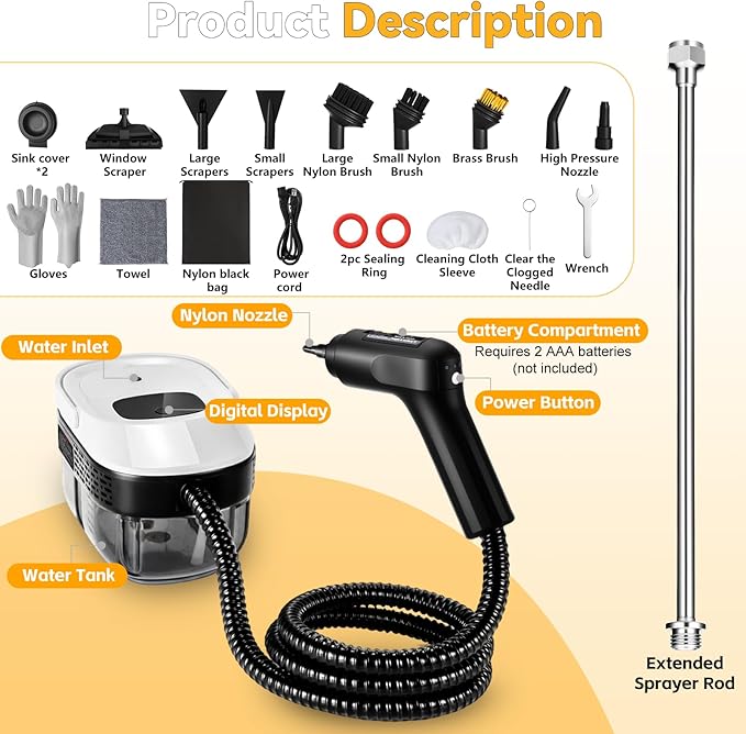 2500W Portable Handheld Steam Cleaner54oz Large Capacity3-Level Adjustable Handle15s Fast Heating Steamer for Cleaning with 20 Pcs AccessoriesPlug-and-Play Steam Cleaner for HomeCarKitchenMore
