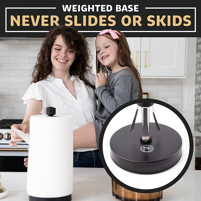 Heavy-Duty Stainless Steel Paper Towel Holder - Easy One-Handed Tear with Suction Cups - Modern Weighted Standing Countertop Dispenser for Kitchen - Holds All Paper Towel Rolls Black