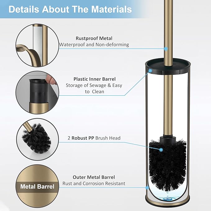 BGL Brushed Gold Toilet Brush and HolderStainless Steel Toilet Brushes for Bathroom with Holder