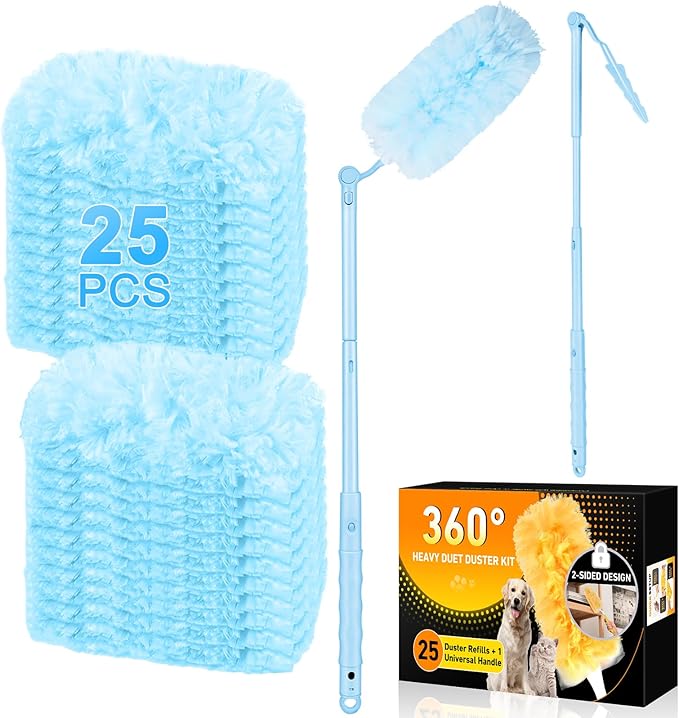 360° Duster Refills Kit for Swiffer Duster 25 Pack &amp 1 Handle Multi-Surface Dusters with 4X Microfibers. Efficient Duster Kit for Cleaning Pet Hair Home Office Blinds Furniture and More