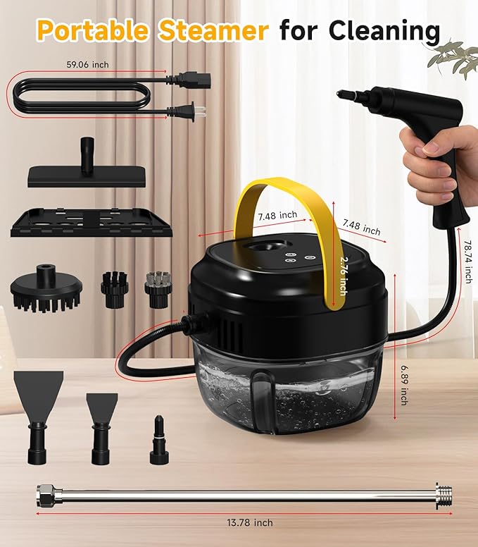 Portable Handheld Steam Cleaner 1500W High Pressure Steamer 15s Instant Heat 6-Level Handle 1.7L Tank 15PCS Accessories for Home Kitchen Grease Car Detailing