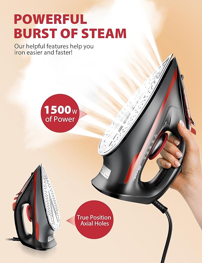 Steam Iron for Clothes 3-Way Auto Shutoff Ceramic-Coated Soleplate with Burst Steam Anti-Drip and Anti-Calc Self-Cleaning 1500W Powerful for Home Use