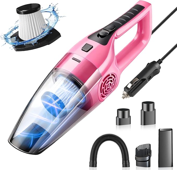 Car Vacuum Cleaner – 9000PA High Power Suction DC 12V Portable Handheld Auto Vacuum with Attachments Mini Car Interior Cleaner for Pet Hair Dust Crumbs and Debris (Blush Pink)