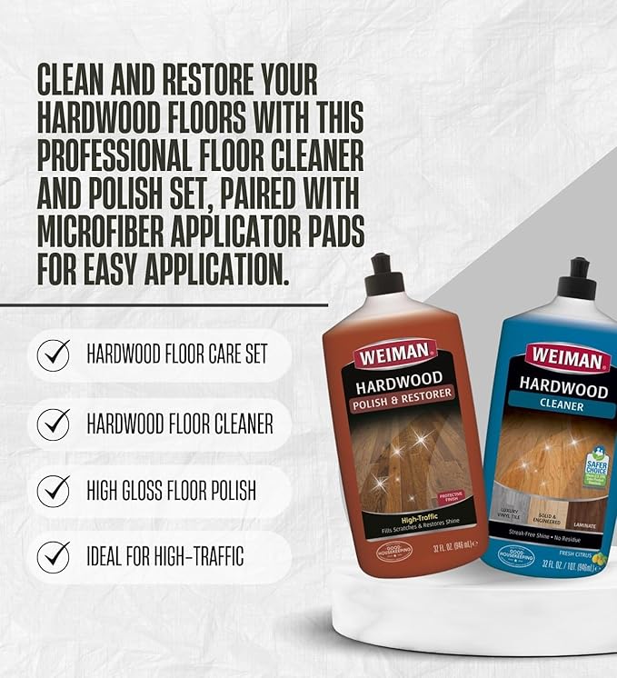 Weiman High Traffic High Gloss Hardwood Floor Polish &amp Restorer 32 oz Citrus Scent Cleaner 32 oz Bundle with Microfiber Applicator Pads – Protects Cleans &amp Shines – Gift Set (3 Items)