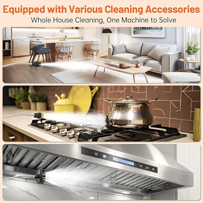 Steam Cleaner 2500W High Pressure Steam Cleaner for Home Steamer for Cleaning with 3 Brush Heads 2 washers and Extended Rod Handheld Steam Cleaner for Upholstery Kitchen Bathroom (Orange)