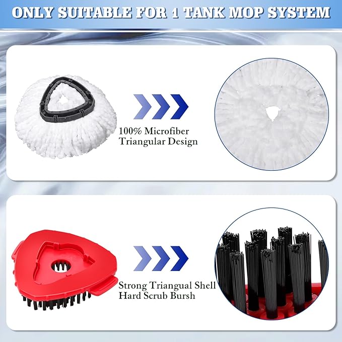 4 Pack Mop Replacement Heads Compatible with Oceda EasyWring 1-Tank System - Includes 1 Mop Scrub Brush Head1 Mop BaseMicrofiber Mop Refills Easy Cleaning Mop Head Replacement(White)