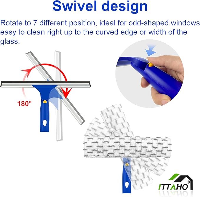 ITTAHO Squeegee for Window Cleaning12 Squeegee and 11 Microfiber Scrubber Combi with Stainless Steel PoleExtendable Window Cleaner for CarSliding DoorShower Glass Door-Swivel Style-2 Pads