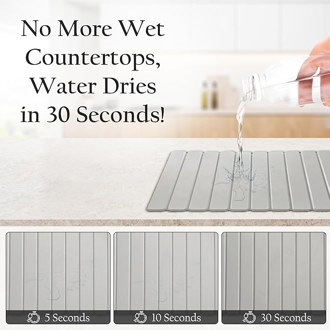 Large Stone Drying Mat for Kitchen Counter | Premium Diatomaceous Earth Coaster Set for Dishes | Non-Slip Kitchen Sink Mat | Fast-Absorbing Eco-Friendly | 23 x 15.5 (Light Grey)