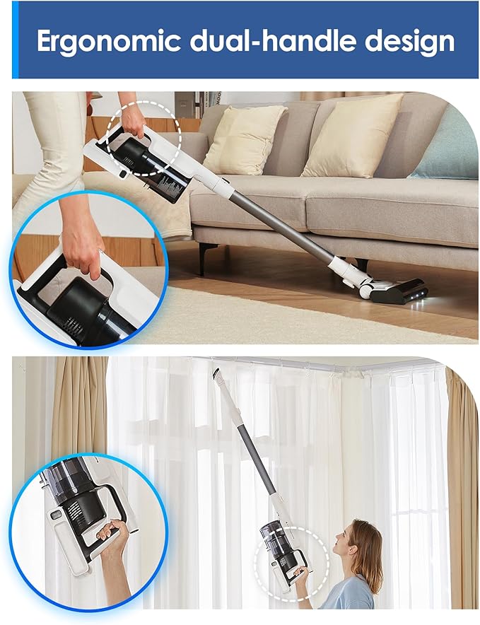 Tineco A20 Cordless Stick Vacuum Cleaner Powerful Suction 3 Modes for Multi-Level Messes 1L Larger Dustbin Ergonomic Dual-Handle Design Wall-Mount Dock LED Headlight
