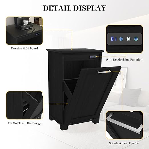 Tilt Out Trash Can Cabinet 10 Gallons Trash Cabinet with Deodorising Function Wooden Freestanding Garbage Can for Home and Kitchen Hidden Laundry Hamper Black