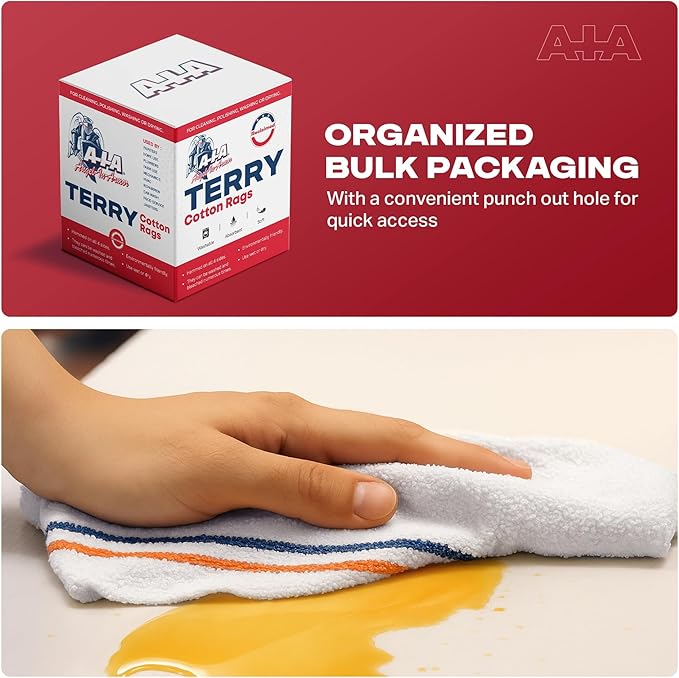Angel-in-Armor White Striped Terry Cloth Rags (16 x 19) – 8x4lb Bulk Box of Cotton Cleaning Towels – Reusable Terry Bar Kitchen Cleaning Shop Rags – Low-Lint &amp Washable