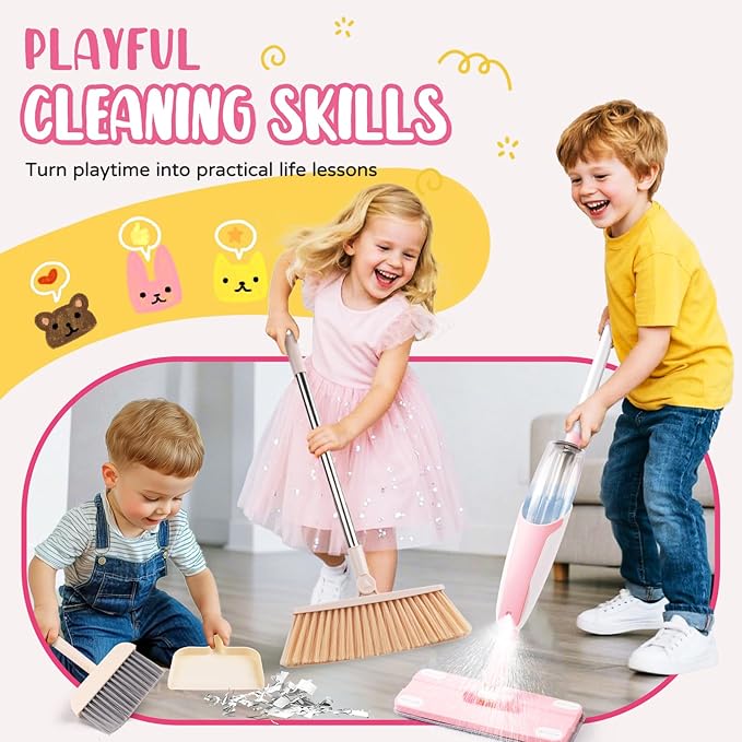 Kids Cleaning Toy SetPink Mini Spray Mop Montessori Toys Pretend Play Cleaning Tool for Toddlers with Spray Mop &amp Kids Broom Dustpan Set Cleaning Toys Gift for Toddlers Girls Boys Age 3+