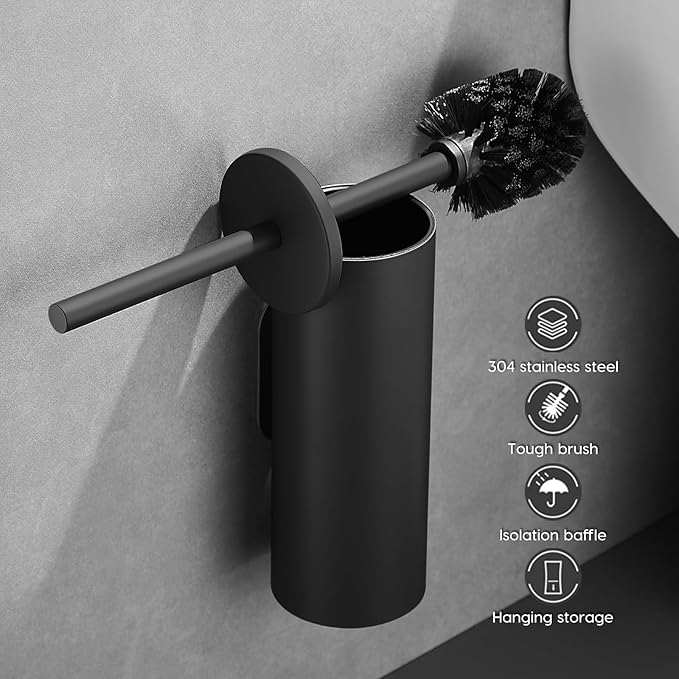 Toilet Bowl Brush and Holder 304 Stainless Steel No-Punch Hook Base Dual Purpose Toilet Brush Holder with Removable Inner Bucket and Splash Cover - Soft Bristles (Black)
