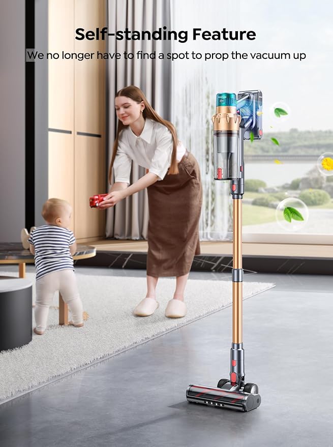Cordless Vacuum Cleaner 650W 55KPA 70 Mins Runtime Self-Standing Vacuum Cleaners for Home Stick Vacuum with Charging Dock Station Removable Battery Handheld Vacuum for Pet Hair/Carpet/Floor