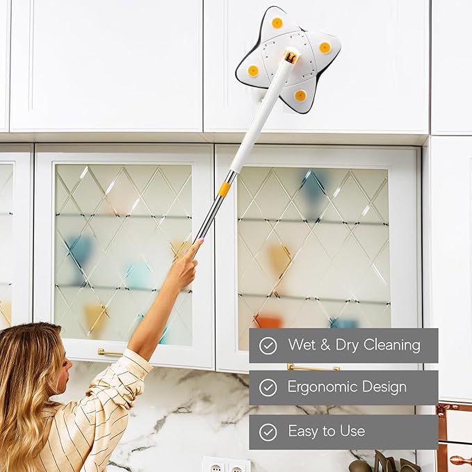 Magic Mop w/ Adjustable Long Handle and 2 Replacement Pads 360° Rotatable Multi Purpose Cleaning Mop (White)