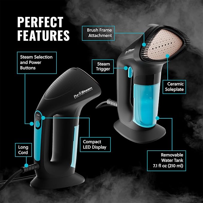 PurSteam SteamPulse Pro Handheld Steamer for Clothes Portable Handheld Fabric and Garment Travel Steamer Iron Press Wrinkle Remover with Fabric Brush