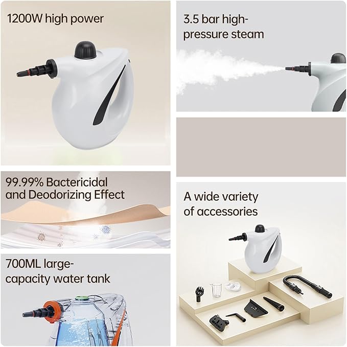 Pressurized Handheld Multi Surface Natural Steam CleanerMulti Purpose Steamer for Home UseSteamer for Cleaning Kitchen Air Conditioner Range Hood (White)