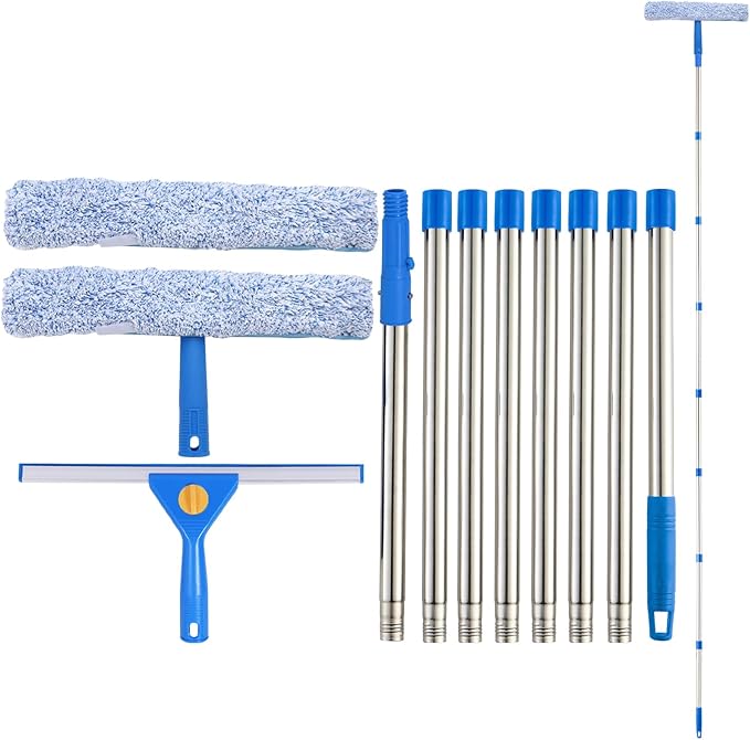 10Ft Window Cleaning Kit with Extension Pole 14 Squeegee and 15 Scrubber with Long Handle Window Cleaner Tool Washing Equipment for Outdoor High Windows Glass