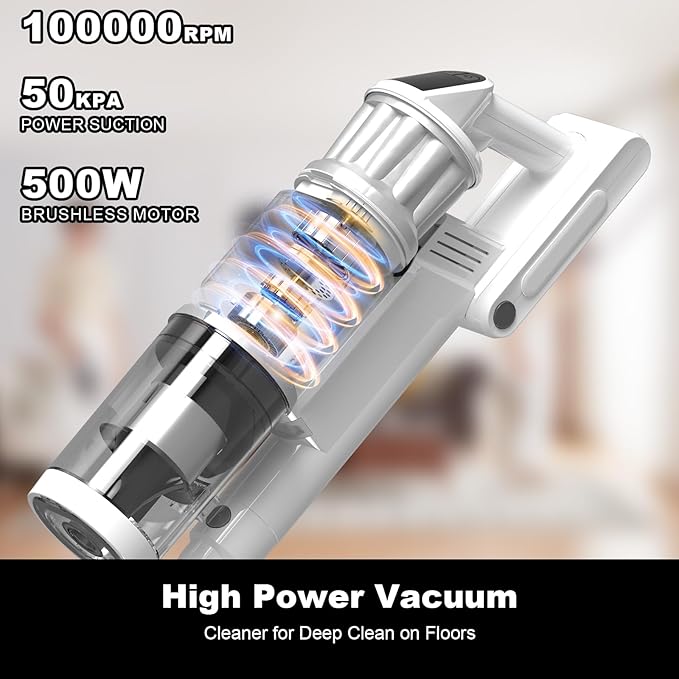 Cordless Vacuum Cleaner - Vacuum Cleaners for Home 45KPA 550W Stick Handheld Portable 60 Mins Runtime Rechargeable Battery Pet Hair Hardwood Floor Vac Household Lightweight Hand Vac V10 White
