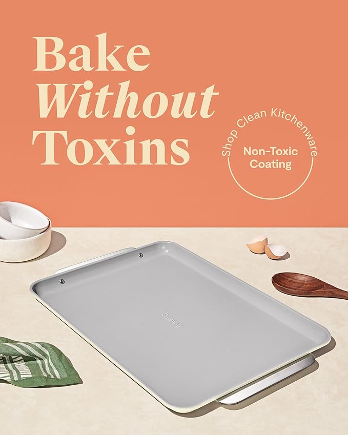 Caraway Non-Stick Ceramic Large Baking Sheet Duo - Naturally Slick Ceramic Coating - Non-Toxic PTFE &amp PFOA Free - Perfect for Baking Roasting and More - Large (18 x 13) - Cream