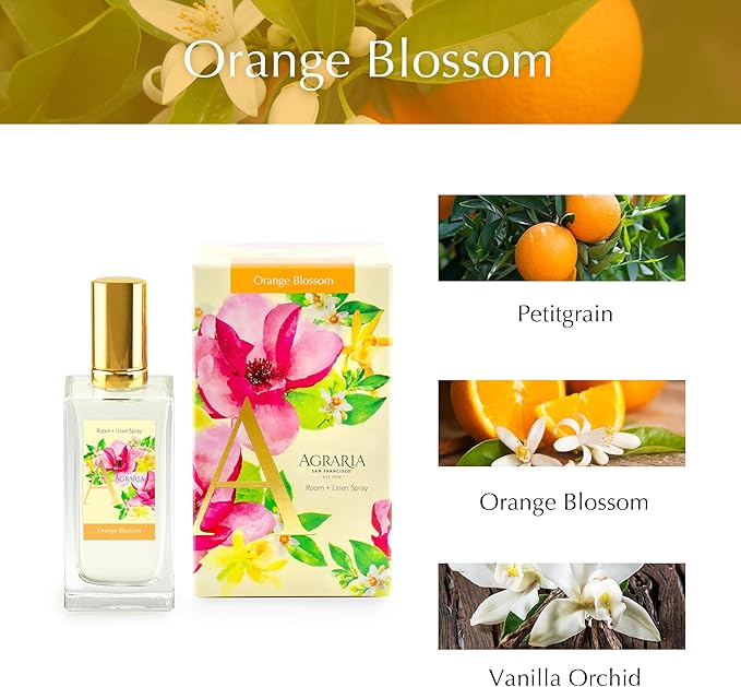 Agraria Orange Blossom Room and Linen Spray 3.4 Oz Fresh Citrus Room Spray Fabric Deodorizer for Bathroom Bed Sheets Car Interiors Closet