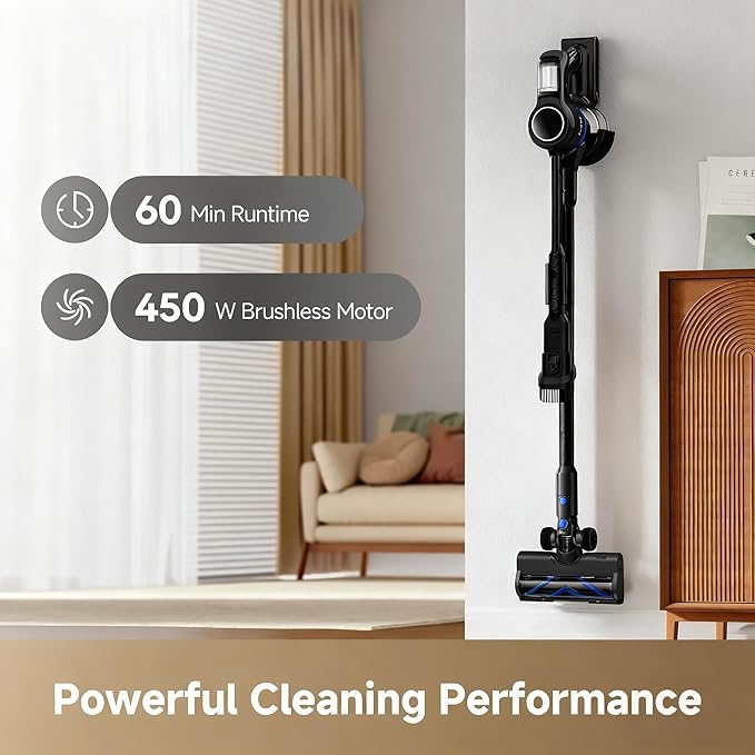 DREAME J30-W Cordless Vacuum Cleaner with LED Headlights 450W Powerful Suction 60Min Runtimes Detachable Battery One-Touch Emptying Stick Vacuum Cleaner for Pet Hair Carpet &amp Hard Floor