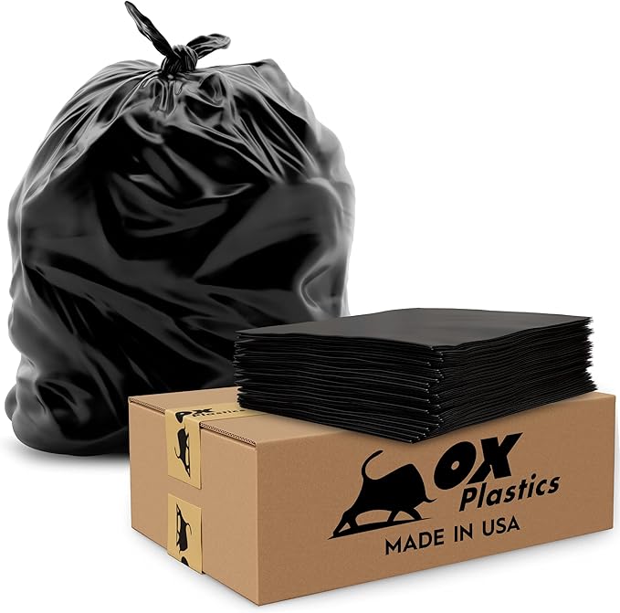 Ox Plastics Trash Can Liners Bags - 45-50 Gallon Capacity &amp 3mil Thick Extra Heavy Duty Strength - Large Garbage Leak-Proof &amp Durable House &amp Commercial Use Bags Black (100)