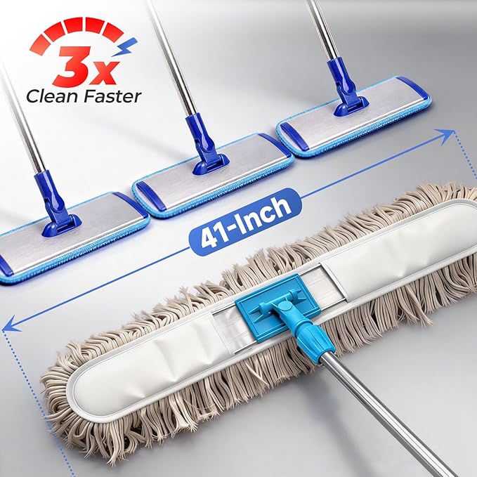 41” Commercial Dust Mop for Floor Cleaning Industrial Dry Mop with Heavy Duty Long Handle Large Cotton Reusable mop Head for Cleaning Office Garage Hardwood Warehouse Factory Mall