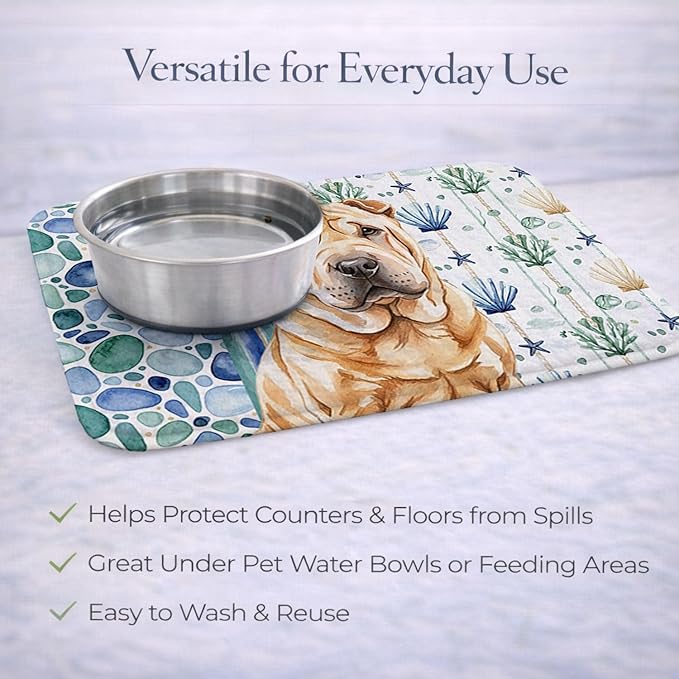 Caroline's Treasures Red Shar Pei Coastal Sea Glass Dish Drying Mat Absorbent Dish Drying Mat Pad for Kitchen Counter Dish Drainer Mat for Countertop 14 x 21 Multicolor