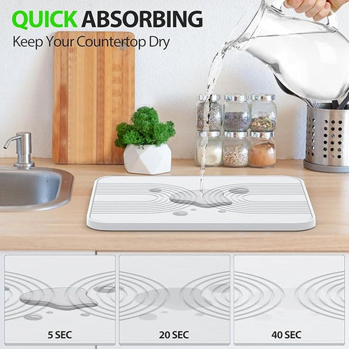 2 PCS Stone Dish Drying Mat ＆ Silicone Mat for Kitchen Counter – Diatomaceous Earth Bath Mat for Bathroom 16.14L×12.4W×2 Quick Dry Mats for Dishes Bottles Cups Match Any Countertop(White)