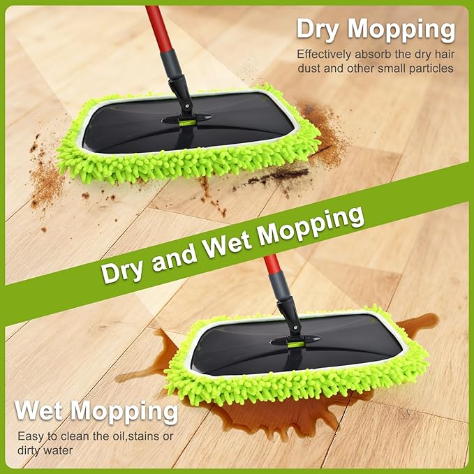 Mops for Floor Cleaning Dust Mop for Hardwood Floors Extra Large Floor Mop with Extendable Handle and 3 Reusable Chenille Mop Pads Flat Dust Mops for Hardwood Marble Vinyl Tile Floors Cleaning