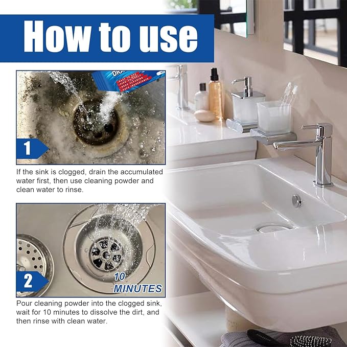 12-Piece Drain Unclogging Powder Set - Kitchen &amp Toilet Cleaner Sewer Blockage Dissolving and Unclogging Agent(2PCS)