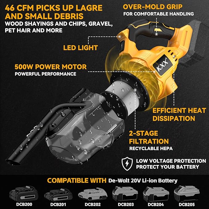 Cordless Vacuum for Dewalt 20V Battery 5 in 1 Handheld Electric Vacuum Cleaner with 500W Powerful Motor 46 CFM Portable Hand Vacuum with Filtration HEPA for Floor Carpet Car (Battery Not Included)