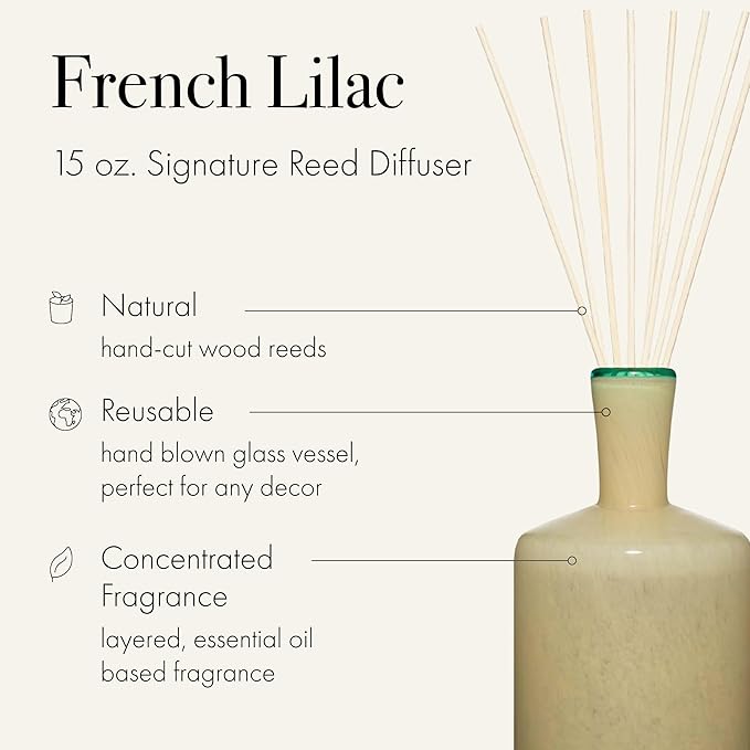 LAFCO New York Signature Reed Diffuser French Lilac - 15 oz - Up to 9 Months Fragrance Life - Reusable Hand Blown Glass Vessel - Natural Wood Reeds - Made in The USA