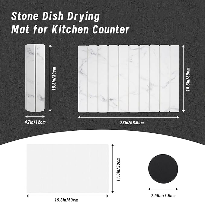 Large Stone Dish Drying Mat for Kitchen Counter &amp SinkStone Drying Mat 23x15.3 InchCollapsible Quick-Dry Diatomaceous Earth PadEco-Friendly Absorbent Mat for Dishes Cups Bottles