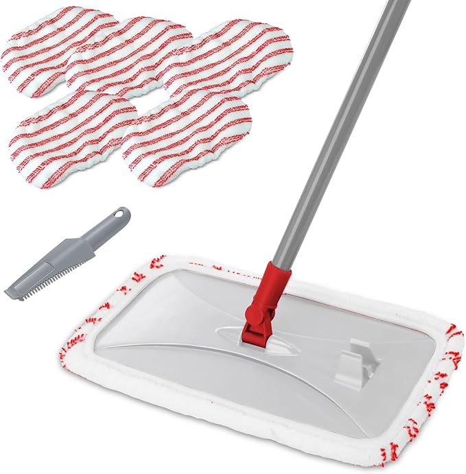 Masthome Extra Large Microfiber Mop for Floor Cleaning 16“ Flat Mop with 5 Pad for Wet &amp Dry Use Dust Mop for Hardwood Laminate Tile Ceramic 1 Cleaning Scraper Included-Red