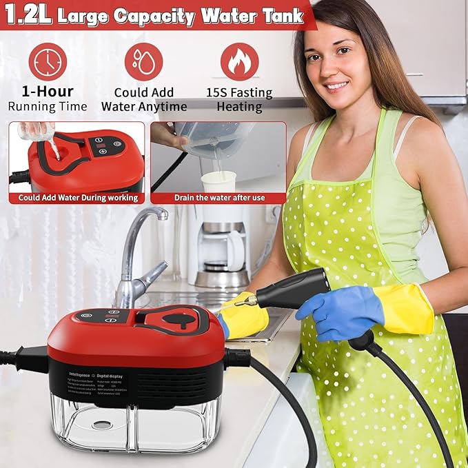 Portable Steam Cleaner 2500W Pressurized Handheld Steam Cleaner with 1.2L Water Tank 6 Levels Steam Output 15s Fast Heating Steamer for Cleaning Home Furniture Bathroom Car Detailing (Red)