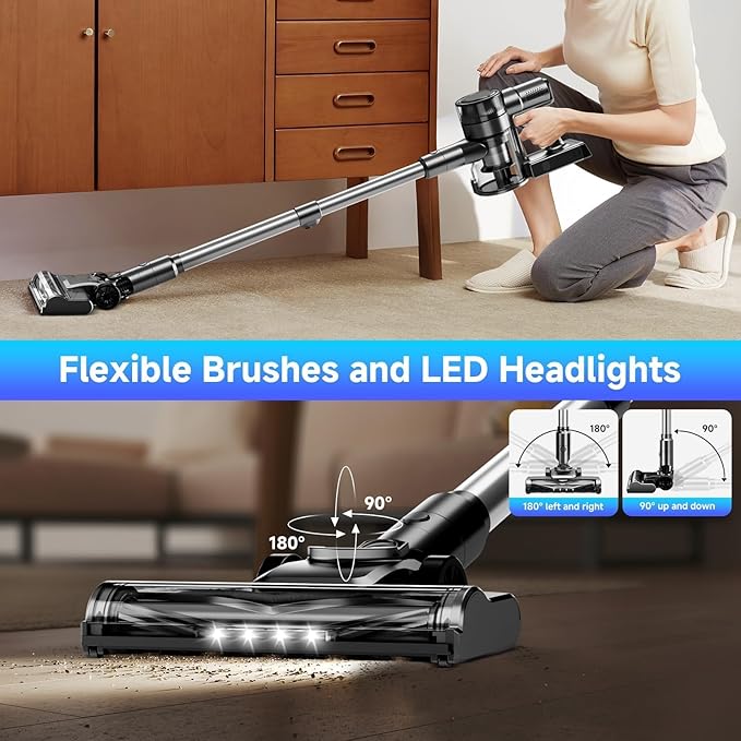 Cordless Vacuum Cleaner 35Kpa Vacuum Cleaner for Home 45Mins Stick Vacuum with LED Display Anti-Tangle &amp Wall Mount Charging 6 in 1 Lightweight Vacuum for Hard Floors Carpet Pet Hair (black)