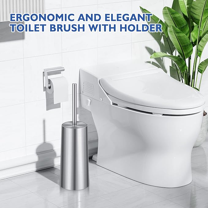 Toilet Brush and Holder 2 Pack Toilet Brush Stainless Steel Toilet Bowl Brush for Bathroom Toilet-Ergonomic ElegantDurable (Silver)