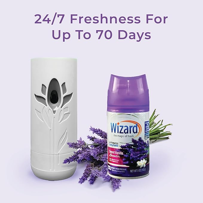 Wizard Automatic Spray Refill and Holder Kit Air Freshener for Home and Bathroom Sweet Vanilla Lavender 5 Oz3 Count